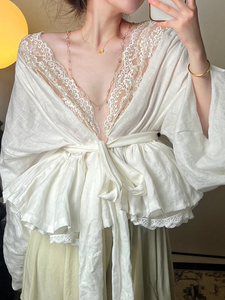 白色蕾丝花边领收腰衬衫女2024夏季新款法式独特别致绝美上衣小衫