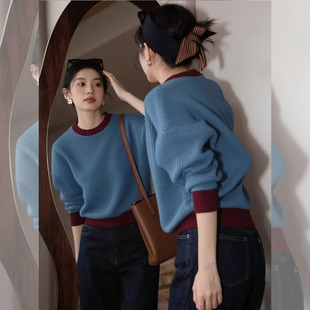 韩系巨好看蓝色针织上衣2025年冬季 超火气质慵懒风简约独特毛衣女