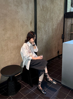 韩系条纹长袖衬衫牛仔七分裤套装