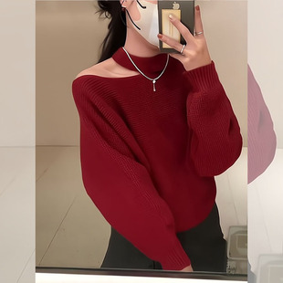 2026冬季 新年战袍高级感红色毛衣巨好看穿搭挂脖斜肩加厚针织上衣