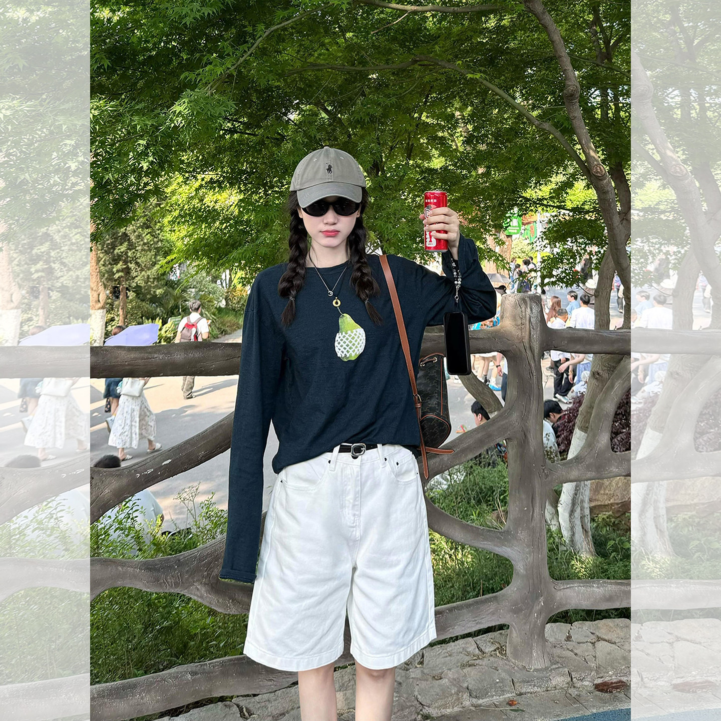 韩系慵懒风休闲套装女夏日薄款青梨印花长袖T恤直筒五分裤两件套