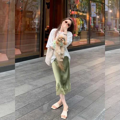 高腰蕾丝拼接缎面半身裙套装女