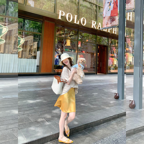 小个子简约短袖T恤缎面半裙套装