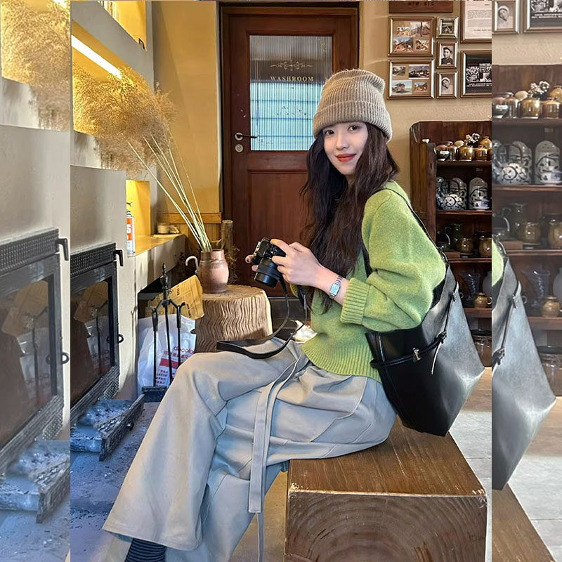 韩系ootd穿搭一整套早春慵懒巨好看绿色毛衣直筒阔腿裤休闲套装女,女装/女士精品,大码套装,淘宝优惠券,粉丝福利购,淘宝优惠卷