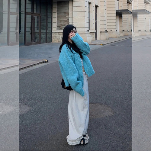 松弛感蓝色毛衣高腰阔腿裤套装女