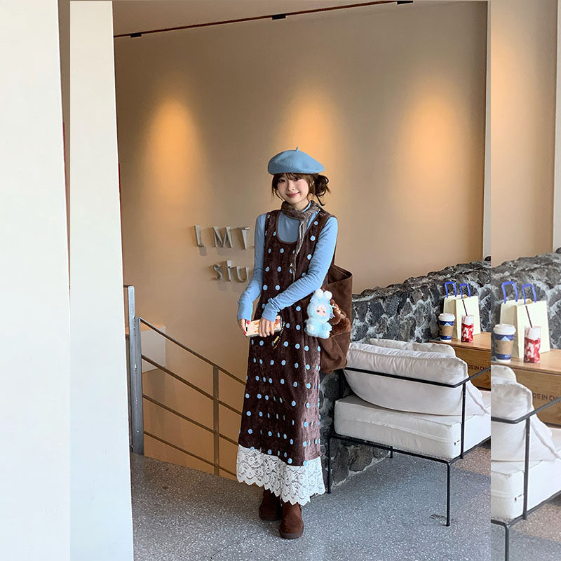 韩系绝美棕色波点连衣裙女2026春季叠穿背心长裙蓝色打底衫一整套,女装/女士精品,大码套装,淘宝优惠券,粉丝福利购,淘宝优惠卷