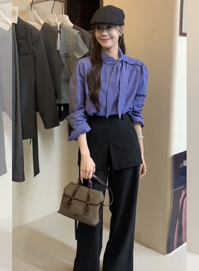 早秋穿搭一整套韩风chic高级感格子衬衫假两件屁帘西装阔腿裤套装