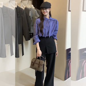 早秋穿搭一整套韩风chic高级感格子衬衫假两件屁帘西装阔腿裤套装