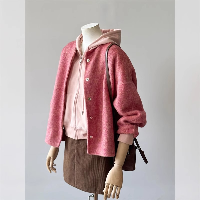 粉色毛呢外套连帽卫衣套装女秋冬