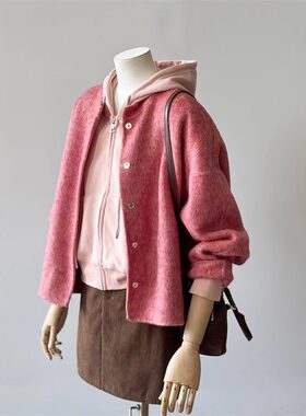 粉色毛呢外套连帽卫衣套装女秋冬