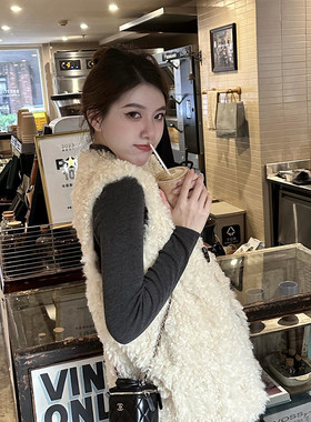 羊羔毛马甲打底衫阔腿裤套装女