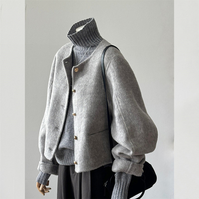气质高级感灰色短款毛呢外套女