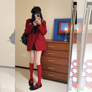 本命年圣诞穿搭富家千金风高级感超好看红色西装毛呢外套女秋冬季