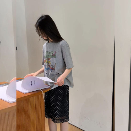 卡通印花T恤上衣波点半身裙套装