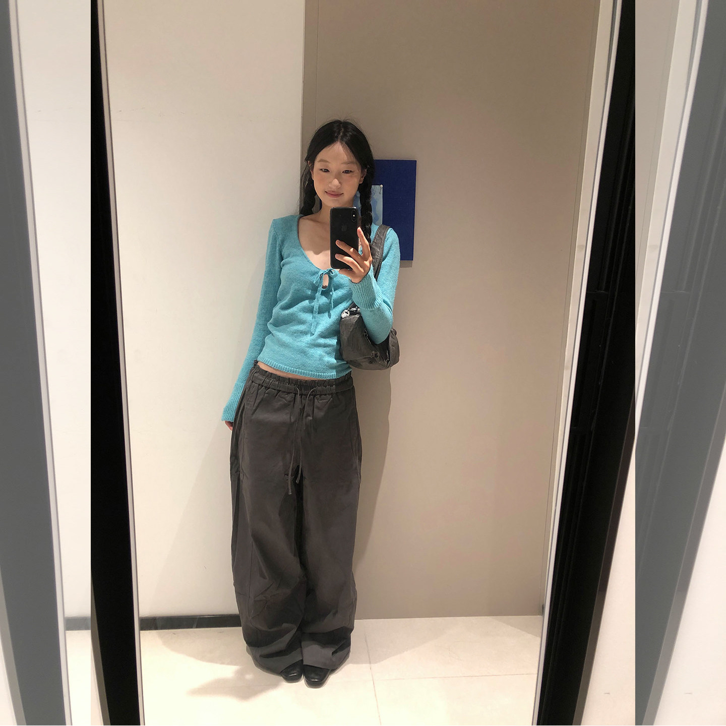 韩系显白V领针织上衣阔腿裤套装