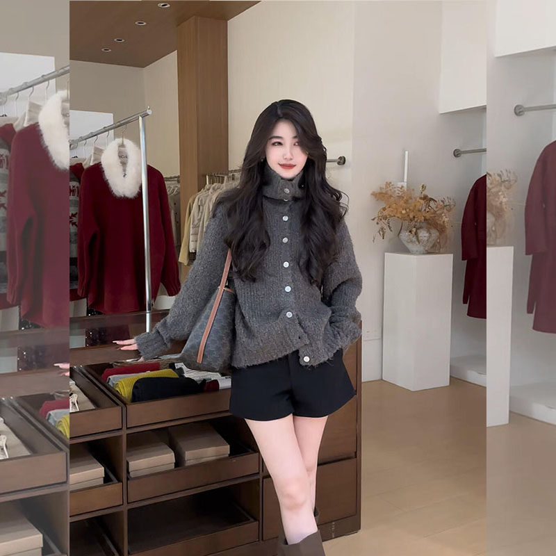 法式复古深灰色高领针织开衫2026年早春慵懒风独特时尚毛衣外套女,女装/女士精品,常规大码外套,淘宝优惠券,粉丝福利购,淘宝优惠卷