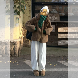 一整套韩系ootd穿搭咖色羊羔毛外套软糯毛衣阔腿裤三件套装女秋冬