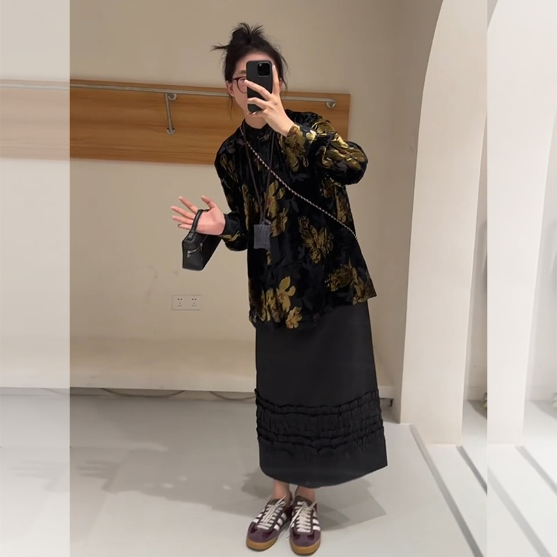 新中式丝绒印花衬衫半身裙套装女