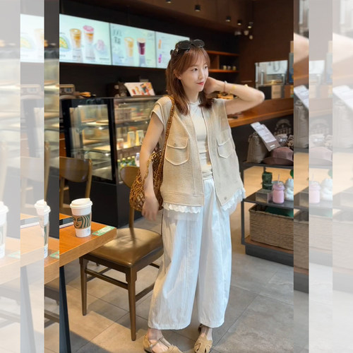 绝美蕾丝拼接马甲高腰阔腿裤套装