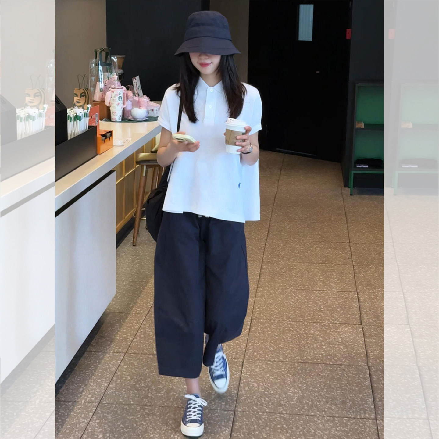 韩系独特休闲套装女款夏季运动风白色polo领短袖t恤阔腿裤两件套