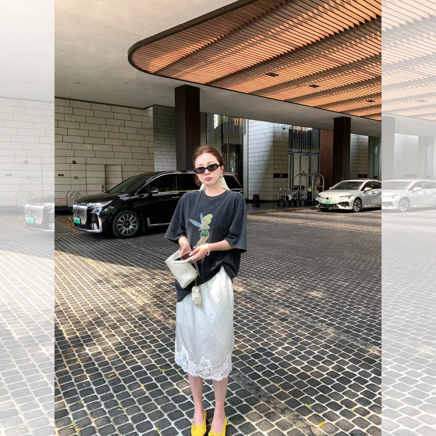 出游松弛感穿搭套装女夏季做旧卡通T恤蕾丝半身裙减龄显瘦两件套