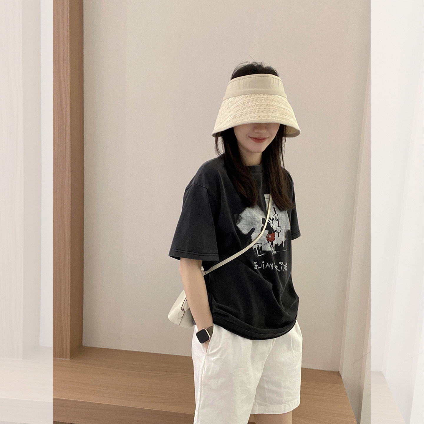 复古卡通印花短袖T恤高腰五分裤套装女夏季小个子减龄出游两件套