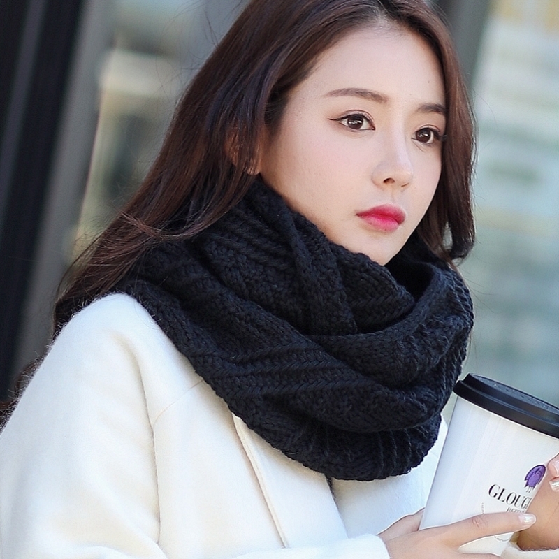 韩版春秋冬季针织毛线围脖男女韩版百搭加厚保暖套头围巾黑色脖套