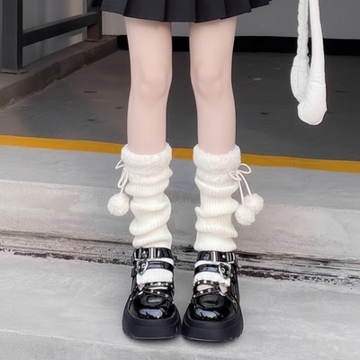 复古堆堆袜子女秋冬羊羔毛拼接针织袜套保暖显瘦堆堆小腿套袜毛球