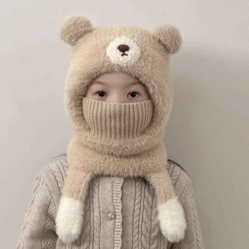 捏一捏会叫儿童帽子宝宝围脖一体帽冬季男女童毛绒帽防寒套头帽厚