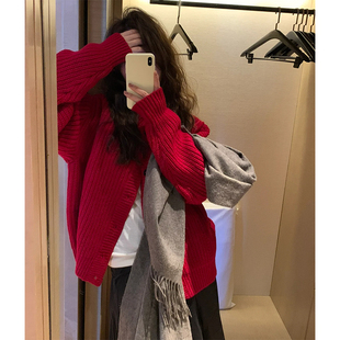 MEIMEI梁美美红色小香风针织开衫 上衣外套 毛衣女秋冬慵懒软糯短款