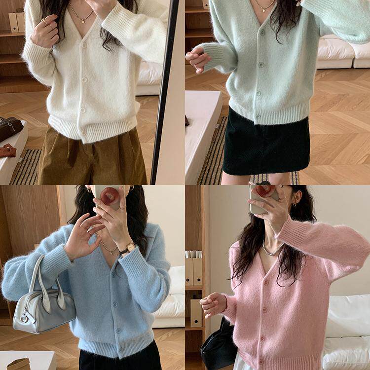 MEIMEI梁美美兔毛温柔针织衫毛衣外套女设计感V领长袖开衫秋冬