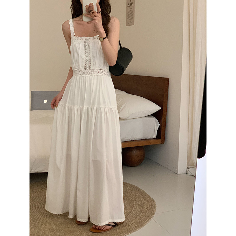 MEIMEI梁美美蕾丝吊带白色连衣裙女质感高级法式长裙夏天