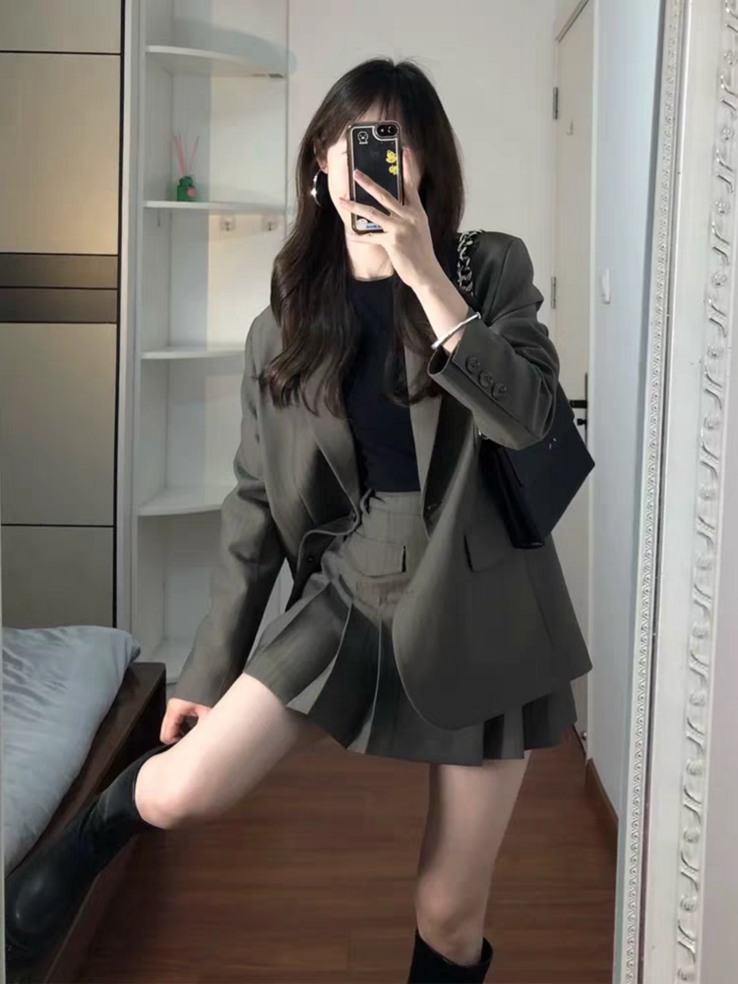 韩系通勤小西装套装裙女春秋款高级感小个子西服高腰百褶裙两件套