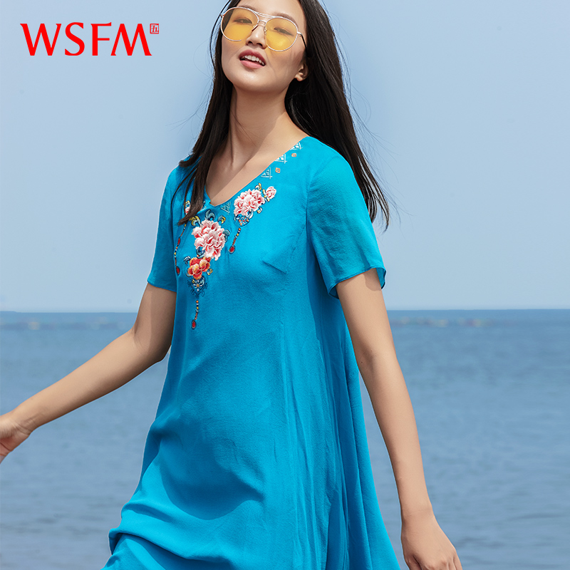 五色风马|山涵民族风夏季新品拉链刺绣短袖连衣长裙W19B9275