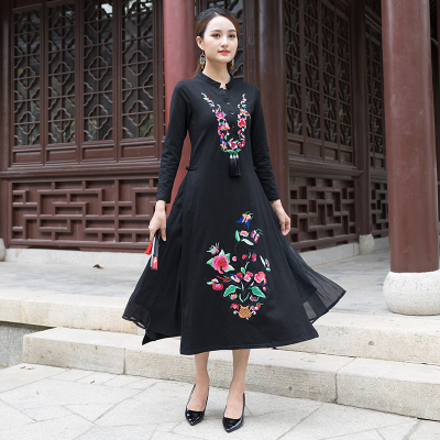 民族风复古绣花长裙 2023春季新款女装收腰连衣裙中国风刺绣a字裙