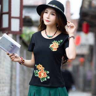 民族风绣花圆领纯棉修身 复古中国风大码 夏装 T恤2020新款 上衣 短袖