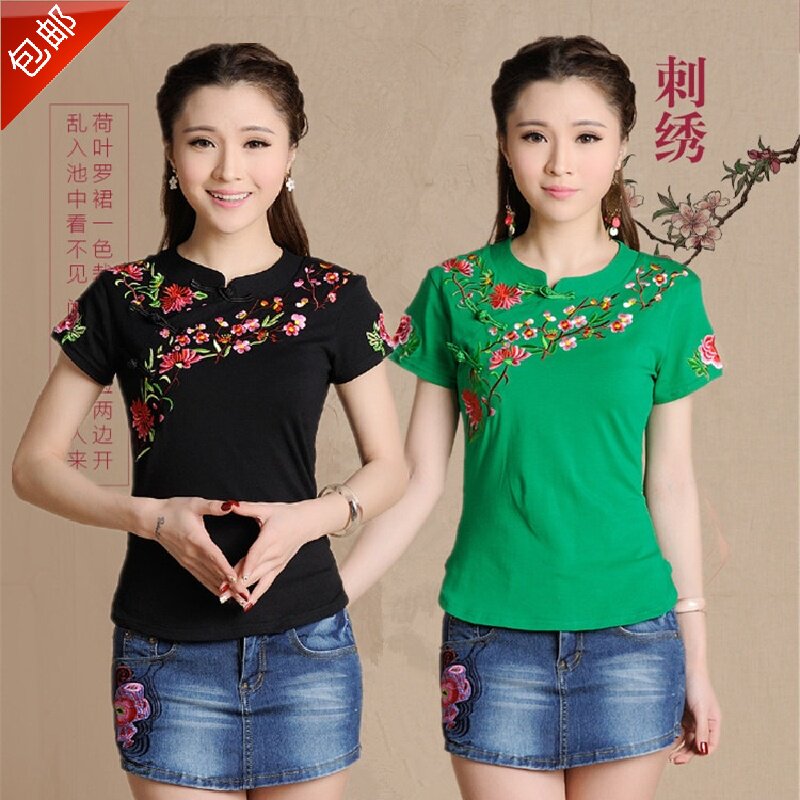 民族风2023夏款女装 短袖刺绣花纯棉T恤修身大码打底衫中国风上衣