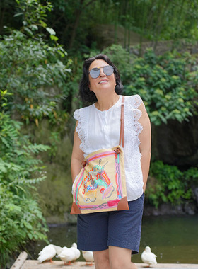 波普 真丝印花手提包H家休闲通勤挎包桑蚕丝单肩包真皮包边