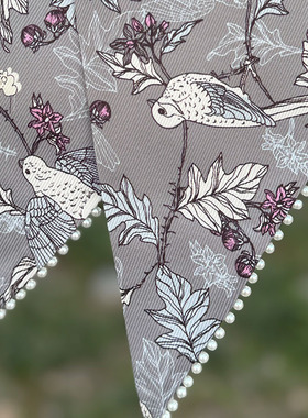 枝上鸟-100%真丝斜纹丝绸双层中国风印花花卉流苏长丝巾飘带