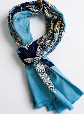 100羊毛彩色印花长款围巾小众设计百搭秋冬保暖围脖