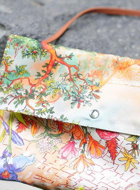繁花 丝绸印花休闲手提包斜跨通勤信封包真丝腋下包袋子
