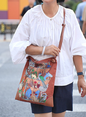 热带花园 真丝印花手提包H家休闲通勤挎包桑蚕丝单肩包真皮包边