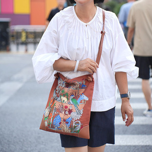 热带花园 真丝印花手提包H家休闲通勤挎包桑蚕丝单肩包真皮包边