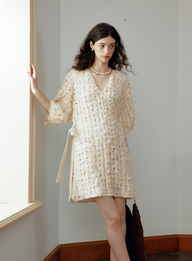 Te by frigidOrg 24早春新品落日情人绒絮编织蝴蝶结连衣裙仙气