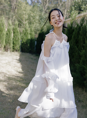 Te by frigidOrg自带滤镜/新款光泽感白色连衣裙凉感露肩长裙女夏