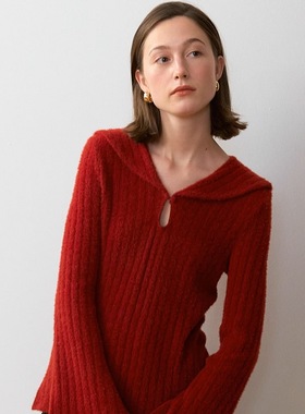 Te by frigidOrg 秋冬新品 水手领毛绒条纹针织上衣新年红色百搭