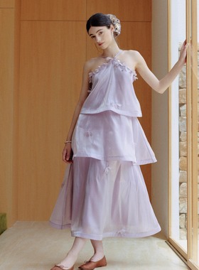 Te by frigidOrg 25早秋新品 鸢尾蝶珍珠花露背吊带连衣裙度假裙