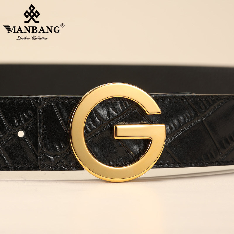 曼邦字母扣单g皮带男士不锈钢真皮时尚潮鳄鱼纹纯牛皮高档裤腰带