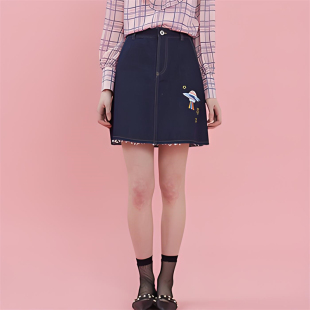 E家夏季 chic风磨边显瘦牛仔短裙半身裙女EEWJ82304N 韩版