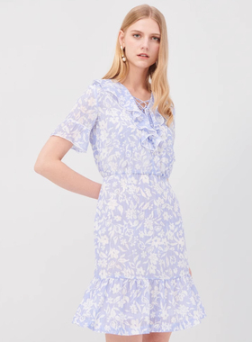 法式复古印花时尚V领连衣裙女设计感宽松收腰PROW82455C夏